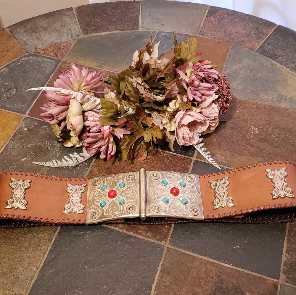 Vintage Handmade Metal Leather Turquoise Coral Belt